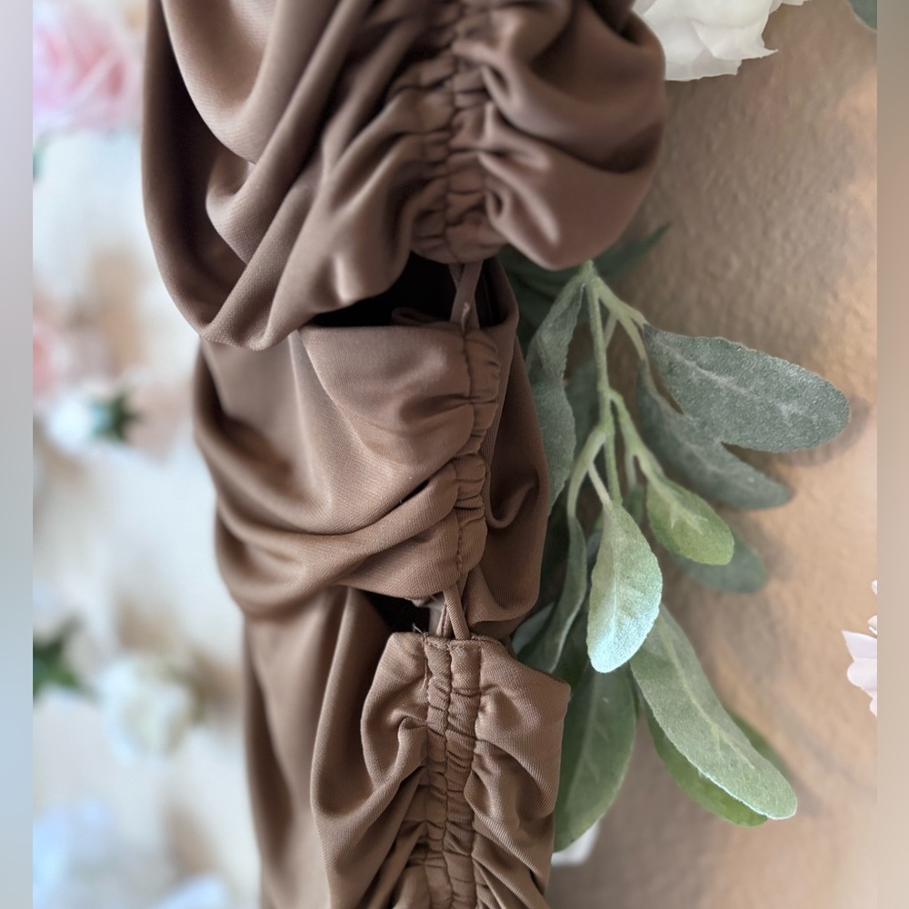 NWOT Zara Brown Asymmetric Draped Cut Out Ruched Mini Dress - Picture 6 of 7